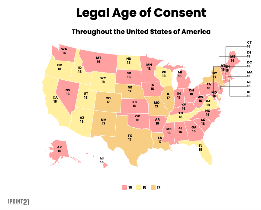 Map detailing the age of consent in each state throughout the United States